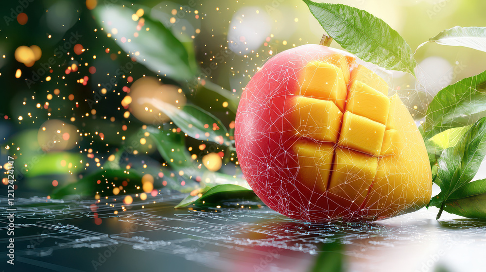 Aufkleber close up of ripe mango with digital modeling effect, surrounded by vibrant leaves and sparkling background, creating fresh and modern atmosphere