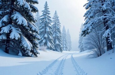 Fototapeta premium Snow-covered trees and a path with fresh tracks in a serene winter landscape, illuminated by soft morning light