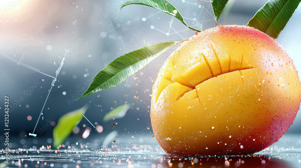 Poster close up of ripe mango with droplets, set in digital modeling environment, showcasing vibrant colors and textures. image evokes freshness and innovation