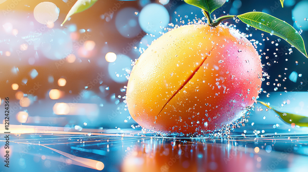 Aufkleber close up of ripe mango with water droplets in digital environment, showcasing vibrant colors and ref