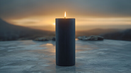 black burning candle at sunset