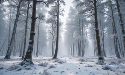 Tall trees standing frozen in time amidst a blanket of snow and frost, frozen, frost