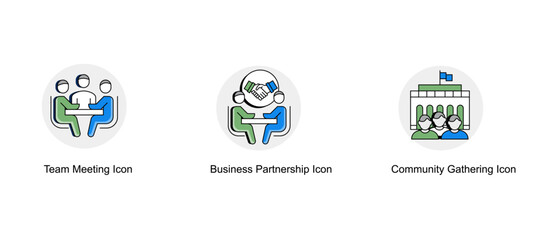 Business Partnerships and Communities. Business Partnership Icon, Community Gathering Icon, Team Meeting Icon