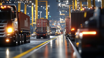 Fototapeta premium A close-up of cargo containers being unloaded by cranes at a port, with trucks moving through the area, illustrating the fast-paced world of global logistics