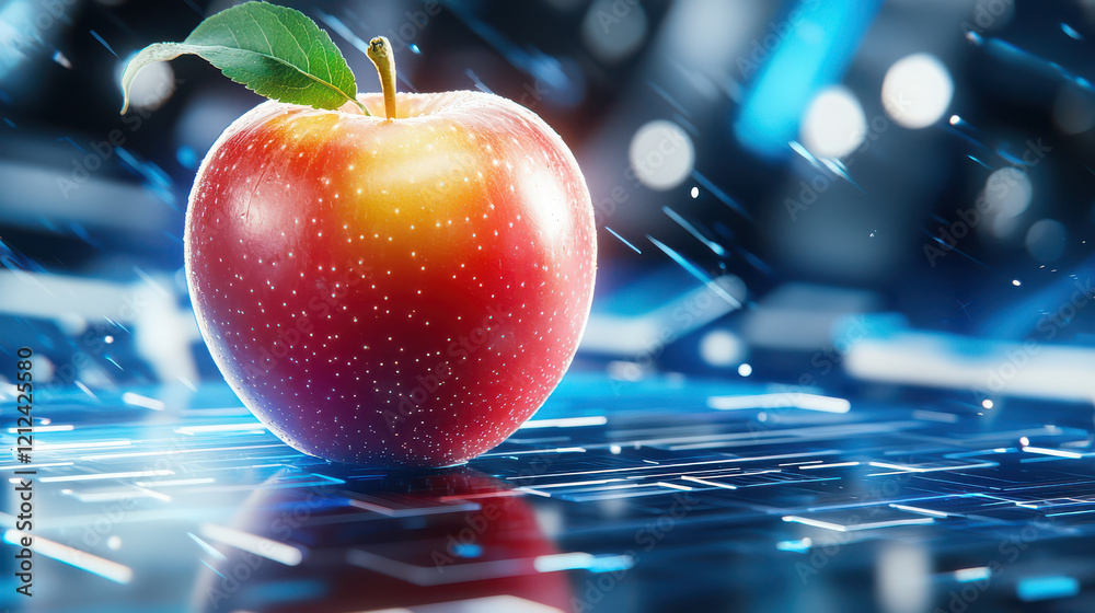 Fototapete close up of shiny red apple with green leaf, set in digital modeling environment, surrounded by abstract blue light effects. scene conveys blend of nature and technology