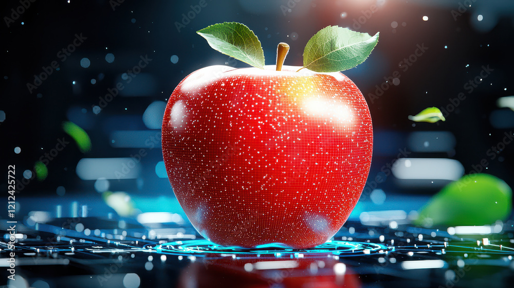 Aufkleber close up of shiny red apple with leaves in digital environment, surrounded by glowing elements and particles, creating futuristic feel