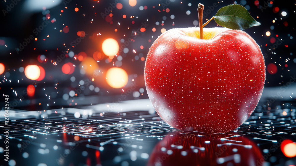 Poster close up of shiny red apple on digital surface, surrounded by sparkling particles and colorful bokeh