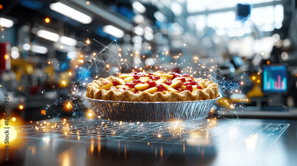 Aufkleber close up of apple pie in digital modeling environment, showcasing its golden crust and vibrant filling, surrounded by futuristic atmosphere