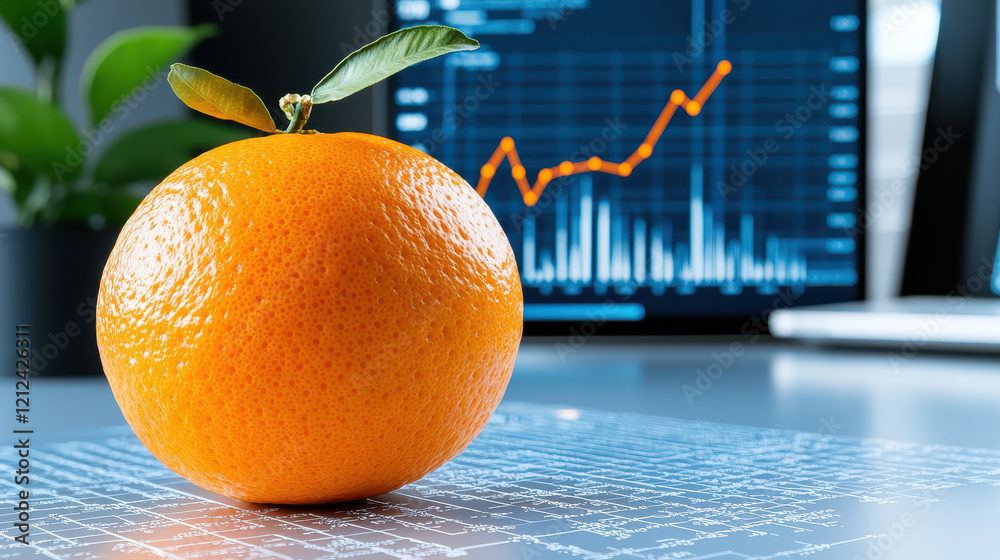 Poster close up of orange on desk with technology focused background, showcasing data graphs and greenery, symbolizing freshness and innovation