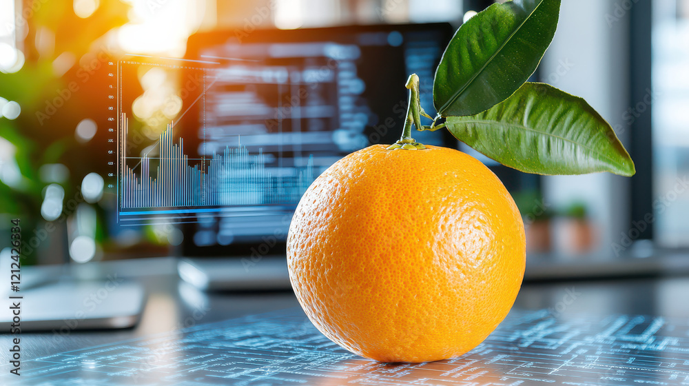 Poster close up of orange with leaf, set in technology focused environment, symbolizing innovation and freshness. background features digital graphs and data analysis