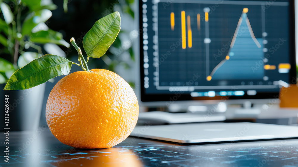 Leinwandbilder close up of orange with leaves on desk, showcasing technology focused setting with computer displayi