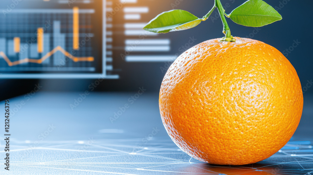 Poster close up of orange in technology focused setting, symbolizing innovation and freshness. vibrant color contrasts with digital graphs, creating modern aesthetic