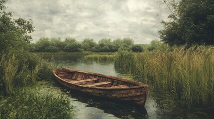 Obraz premium Serene Boat in Overgrown Marshland Quiet Nature Scene Tranquil Waterway Rustic Charm Overcast Skies Atmospheric Landscape