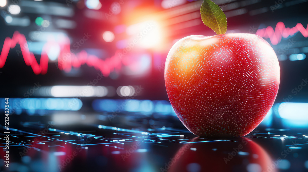 Poster detailed 3D rendering of red apple on digital background, symbolizing technology and innovation. vibrant colors and futuristic elements create engaging visual experience