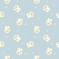 Face rabbit cartoon so cute. On necklace bow star light blue background. Pattern seamless vector illustration. 
