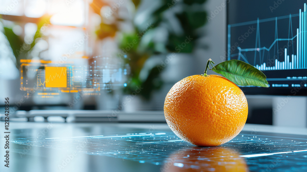 Poster detailed close up of orange on high tech desk, surrounded by digital data visuals, symbolizes innova