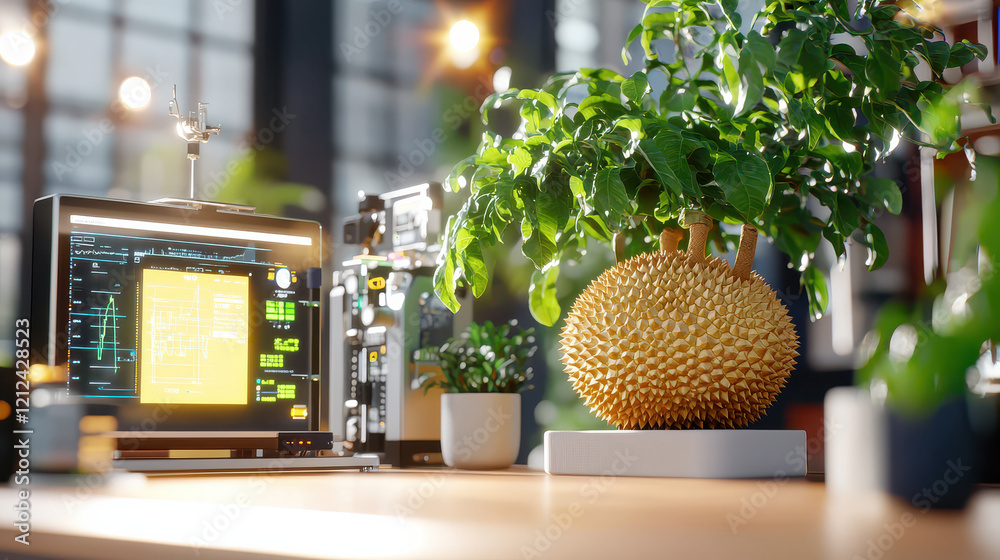 Poster detailed digital model of durian fruit displayed alongside modern workstation featuring advanced tec