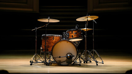 Fototapeta na wymiar A drum set positioned on a stage, ready for a musical performance.