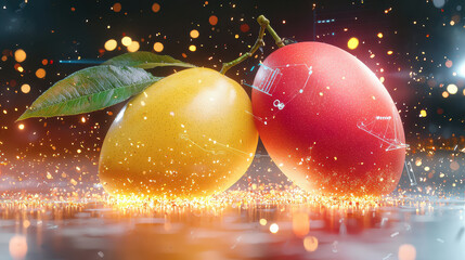 Fototapeta premium detailed digital model of ripe mangoes, showcasing vibrant colors and textures, surrounded by sparkling background. image evokes freshness and tropical vibes