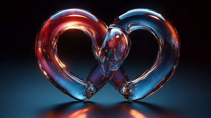 Two shiny, metallic hearts connected, reflecting warm and cool light on a dark surface