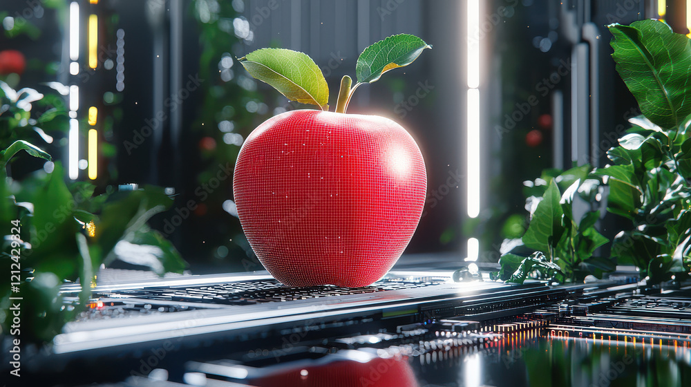 Poster detailed digital model of red apple on circuit board surrounded by greenery, showcasing blend of nature and technology. vibrant colors and futuristic setting create captivating visual
