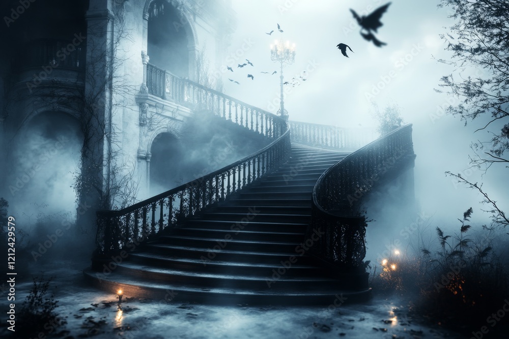 Poster a dark and moody depiction of a zigzag staircase in an abandoned castle, illuminated by faint candle
