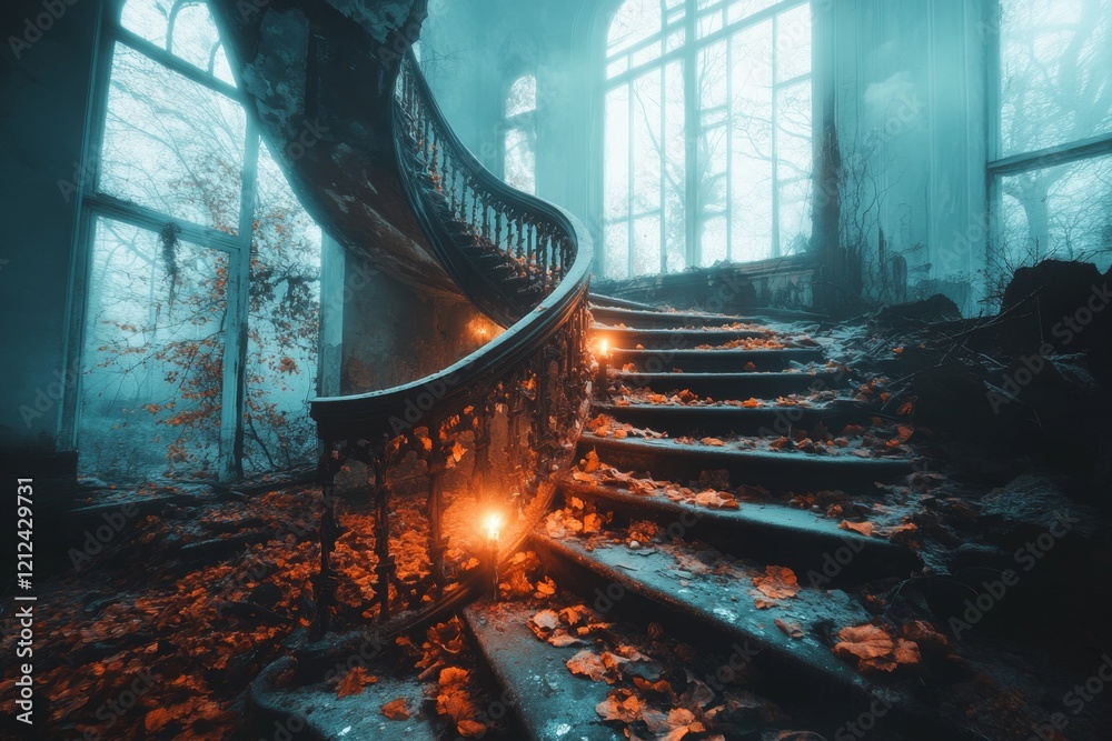 Poster a dark and moody depiction of a zigzag staircase in an abandoned castle, illuminated by faint candle
