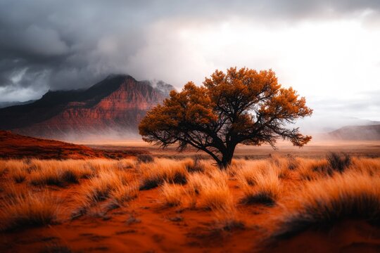 A desert rainstorm in Zion, with dramatic clouds rolling in and sunlight breaking through to illuminate the red rock formations