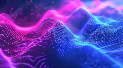Abstract digital waves in vibrant pink and blue, representing data or sound visualization.