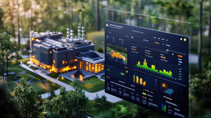 digital model of charcoal plant with analytical dashboard displaying data insights. scene captures integration of technology and industry in natural setting