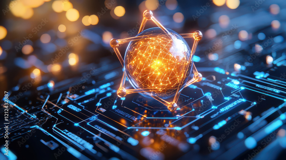 Poster digital model of chemical element with glowing connections and futuristic design, set against high t