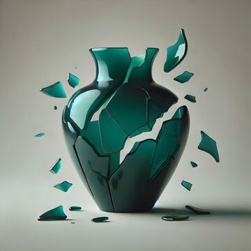 An emerald gree broken vase with flying glass pieces on a solid background, minimalist