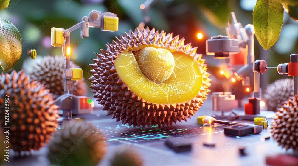 Poster digital model of durian surrounded by advanced technology, showcasing intricate details and vibrant colors. scene evokes sense of innovation and creativity