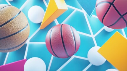Floating Basketballs, Geometric Shapes, Teal Background, Sport Promotion