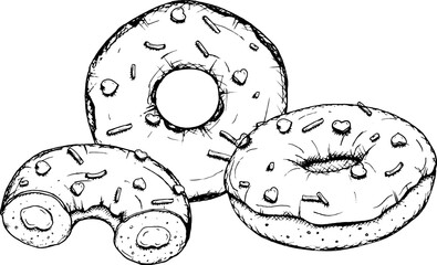 Vector sketch of three round donuts with icing and sprinkles in the shape of a heart. Hand drawn with liner, perfect for Valentine s Day designs, menu, packaging and branding. Romantic and sweet vibe