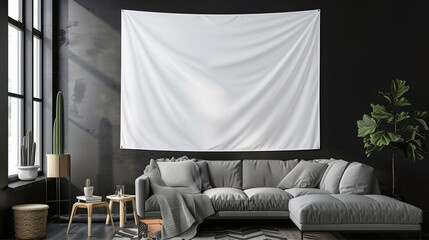 This image showcases a spacious, stylish living room with a tapestry.