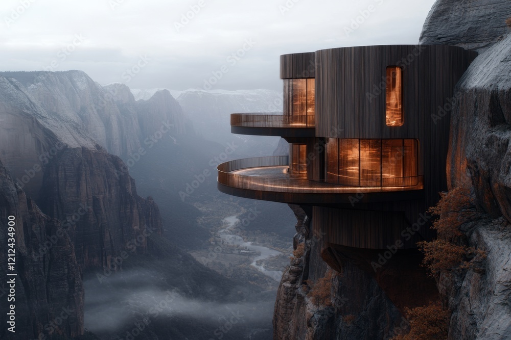 Poster a futuristic version of zion canyon, with floating observation platforms, glowing trails, and hologr