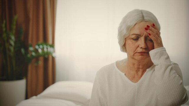 Portrait upset unhappy senior woman sitting on bed feels weak, loss of strength, migraine suffers, headache, massages head temples with hands. Sad face elderly lady feels bad old age. window day light