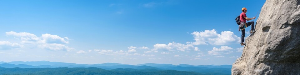 A man is climbing a rock face with a backpack. The sky is blue and clear, and the mountains in the background are visible. Concept of adventure and determination