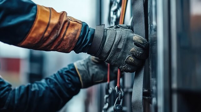 A worker is applying black tape to an industrial gate, wearing gloves and work with orange details. Close-up of hands in action. In the background, a modern factory building. 