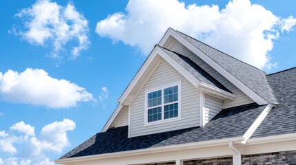 Gable roof dormer window, sunny day, clouds, home exterior, real estate