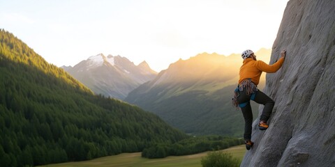 A man is climbing a rock face in the mountains. The scene is serene and peaceful, with the man's focus on the task at hand. The mountains in the background provide a beautiful