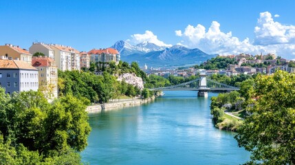 Scenic Alpine city river view, bridge, summer day