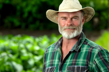 Fototapeta premium professional farmer with beard wearing straw hat and plaid shirt stands confidently in lush green field. His expression reflects pride in his work and connection to nature
