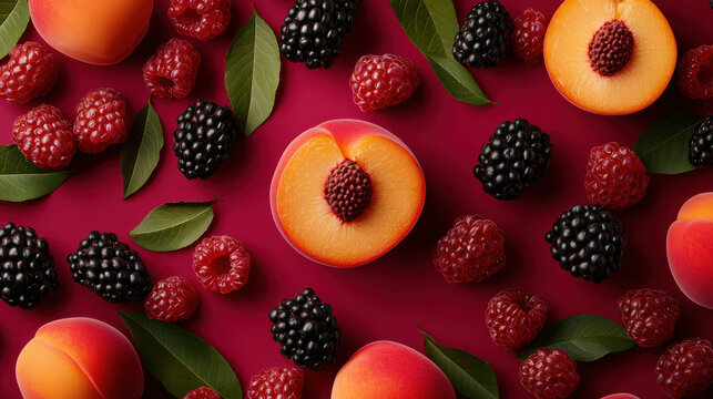 Lifelike arrangement of peaches, blackberries, and raspberries on vibrant background, showcasing fresh fruits and green leaves, creating colorful and appetizing display