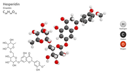 Molecule: Hesperidin. Molecular structure. Formula: C28H34O15. Chemical model: Ball and stick. White background. 3D illustration.