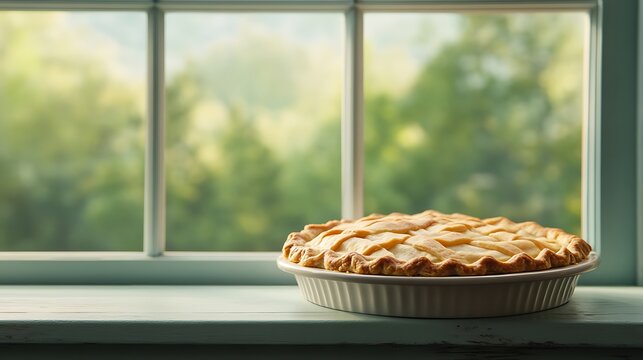 A Scenic Indoor View Featuring a Delicious Pie Cooling on a Windowsill with a Lush Outdoor Background Ideal for Food and Home Decor Photography