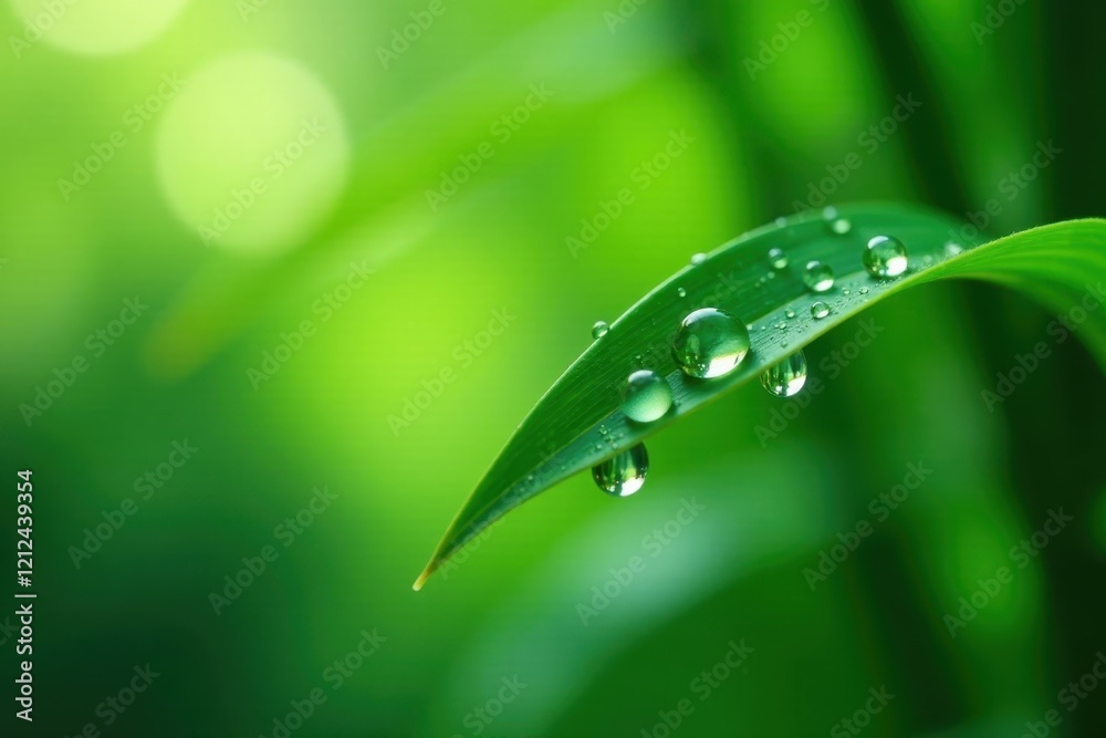 Wall mural Multiple water droplets cascading down bamboo leaf, clean, botany