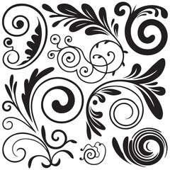 black floral decorative elements charcoal doodle scribbles including scrolls flourishes and swirls perfect for wedding invitations scrapbooking crafts vintage designs