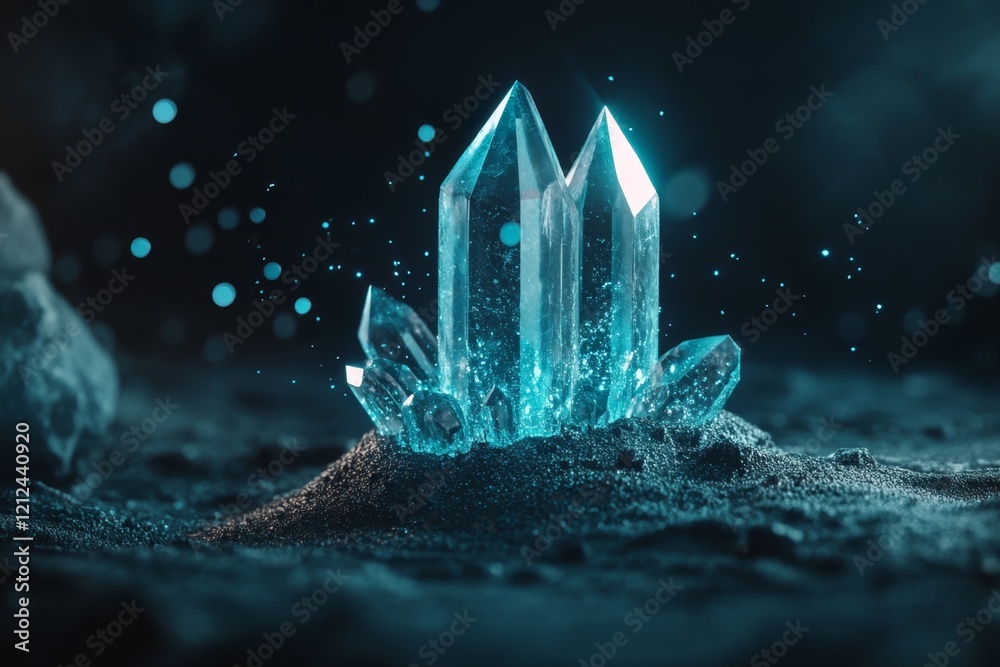 Poster a magical scene of a zinc crystal glowing with an ethereal blue light, surrounded by floating partic
